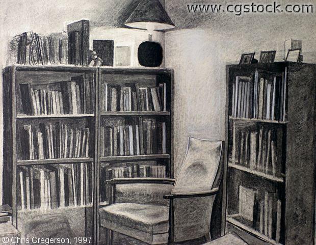 Photo of Charcoal Drawing of Bookshelves and Armchair(1937)