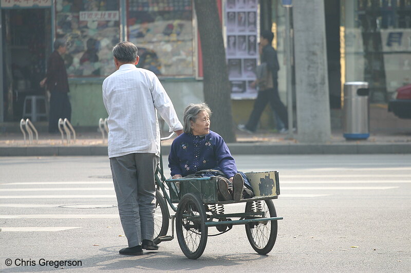 Photo of Man Carrying Old Woman, Bicycle Cart, Beijing, China(5147)