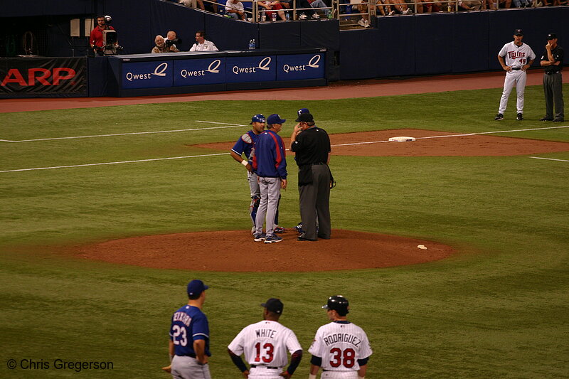 Photo of Conference on the Mound, Twins vs. Rangers, Metrodome(6253)