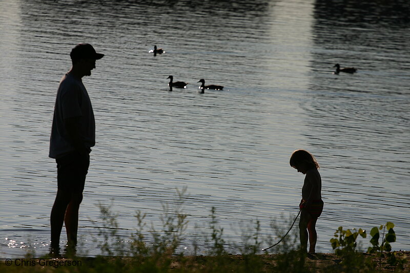 Photo of Father and Child in Silhouette on Lakeshore(6148)