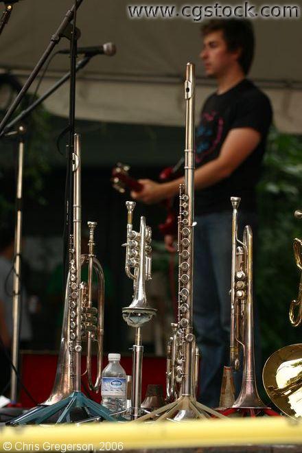 Brass Instruments at a Festival's Music Stage