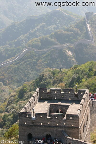 A Watchtower and the Great Wall of China Winding Across the Hills