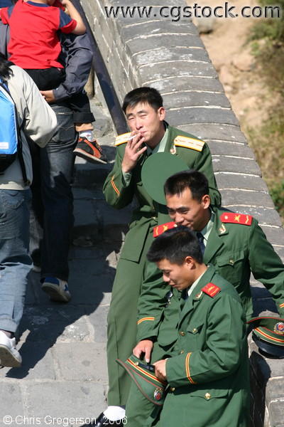 Chinese Soldiers in Green Uniforms at The Great Wall of China